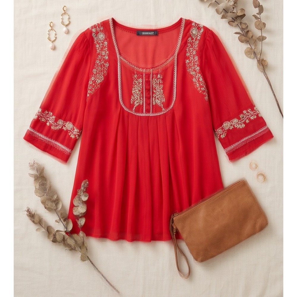 Denim 24/7 Womens Red Embroidered Tunic Top Scoop Neck 3/4 Sleeve Plus Size 26‎